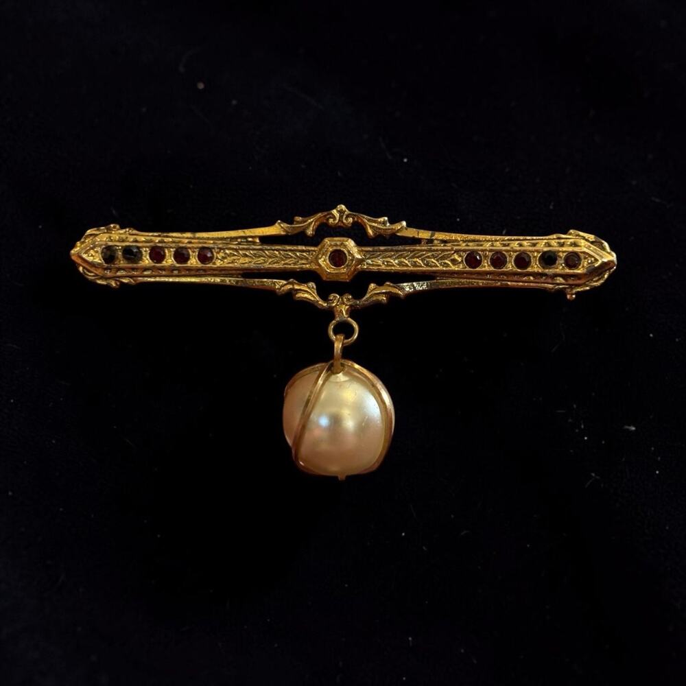 Antique Style Garnet Bar Brooch Pearl Drop Gold Victorian Revival Romantic Pin